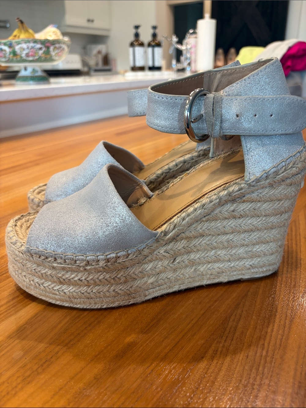 Marc Fisher Silver Espadrille Wedge Sandals with Ankle Buckle